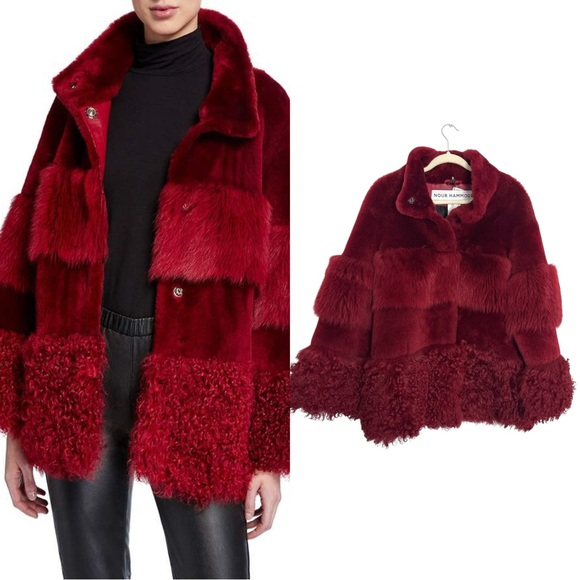 NWT Nour Hammour Aimée Shearling Fur Coat in Crimson/Oxblood red